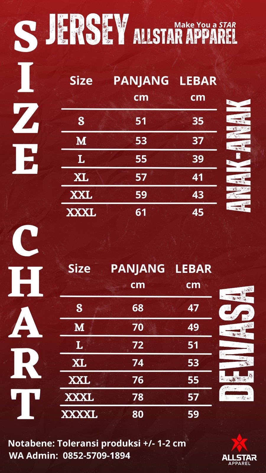 Size chart Jersey Calma CF